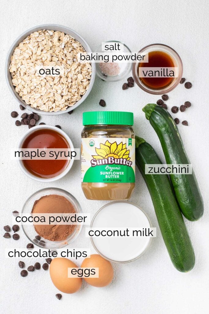 The ingredients needed to make chocolate baked oatmeal.