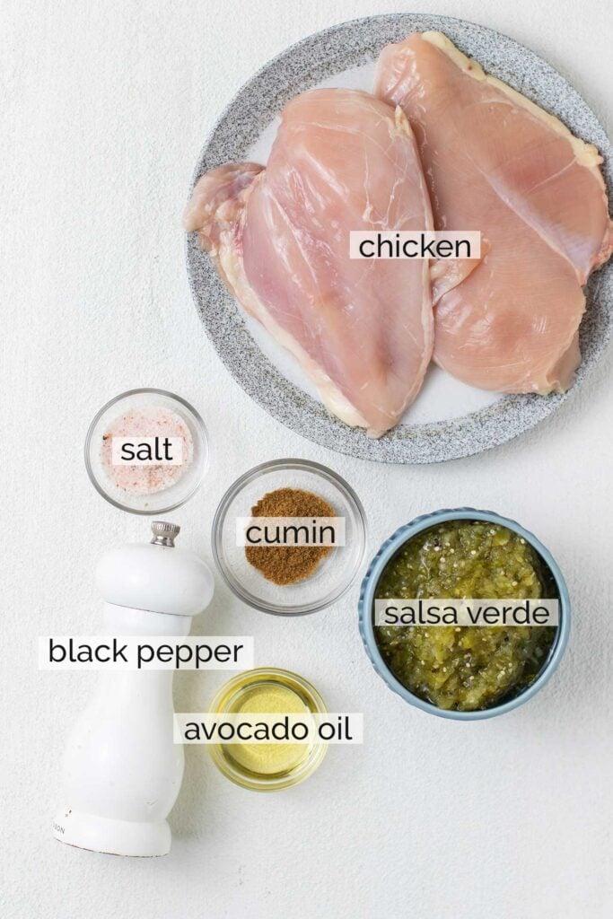 The ingredients needed to make slow cooker salsa verde chicken.