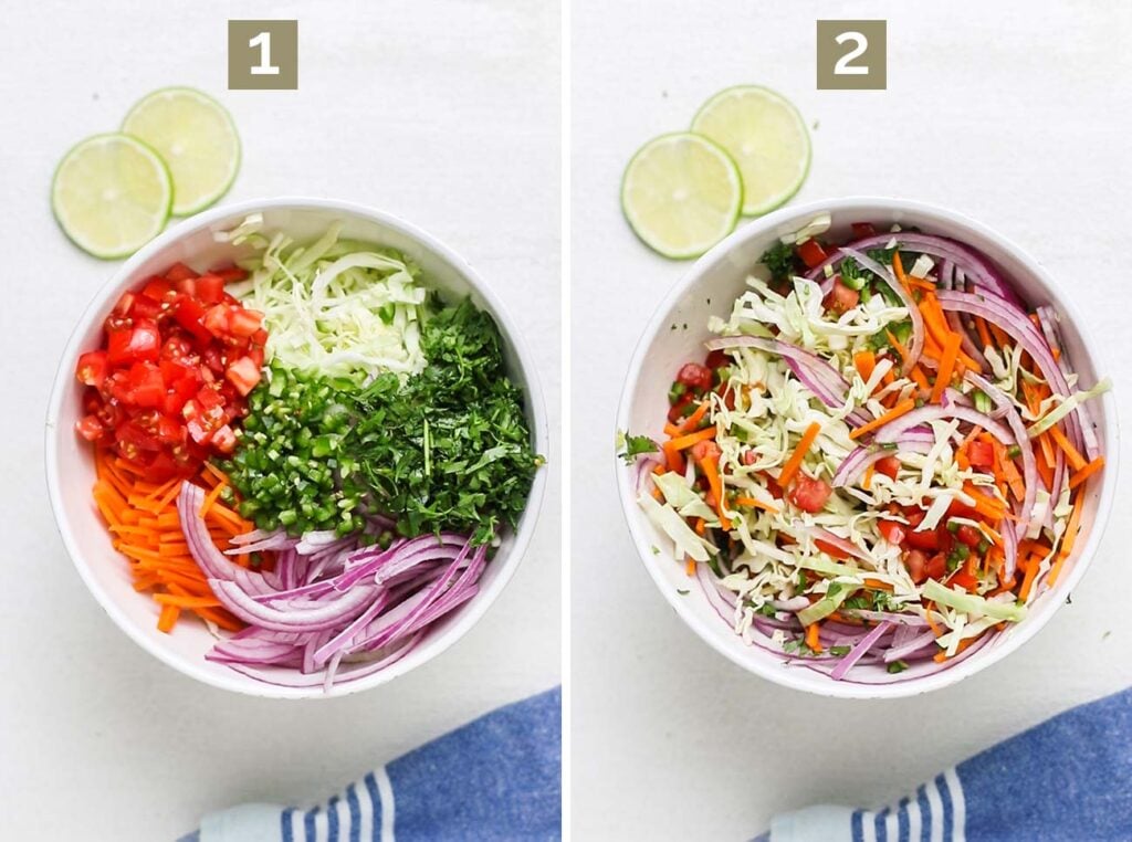 Step 1 shows adding the chopped vegetables to a bowl, and step 2 shows mixing the cabbage salsa with lime and vinegar.