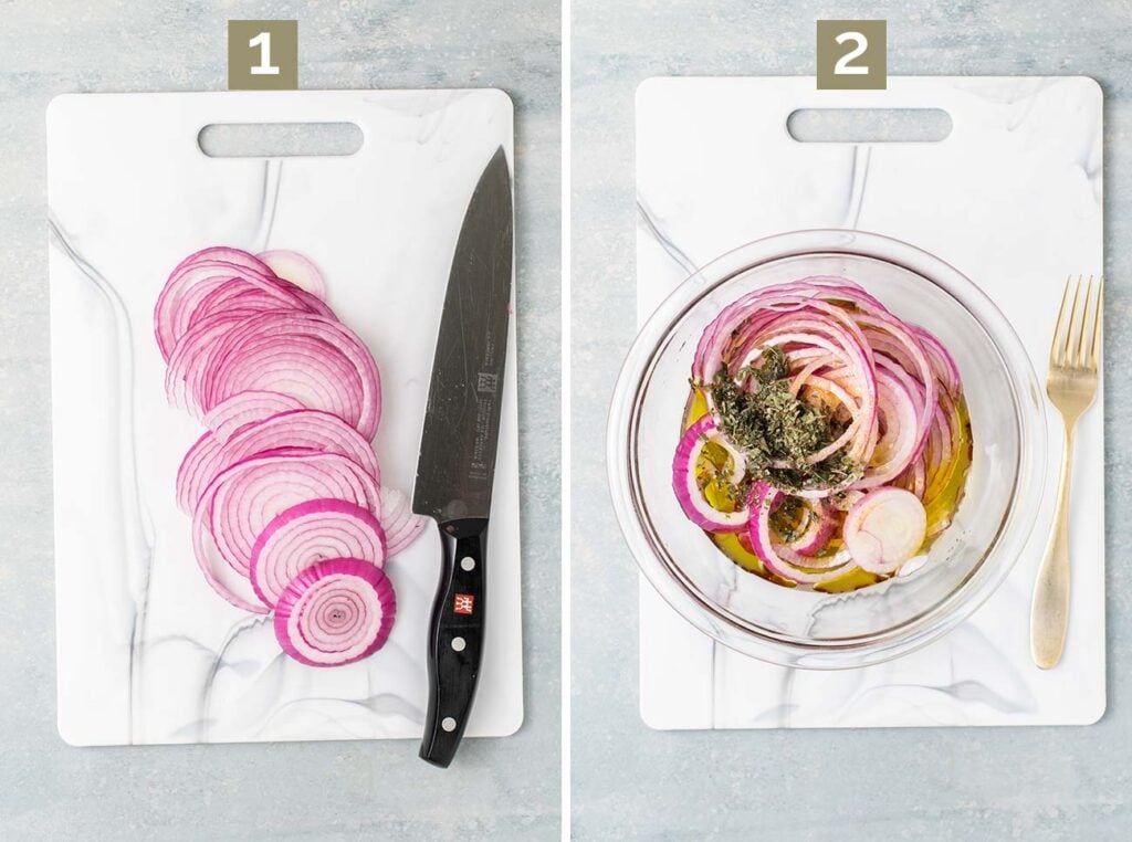 Step 1 shows how to slice the red onions, and step 2 shows making the olive oil marinade.