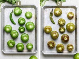 Peeling the tomatillos Roasting the vegetables.