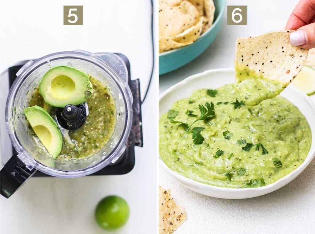 Step 5 shows adding avocados into the food processor with chilled salsa, and step 6 shows serving it.