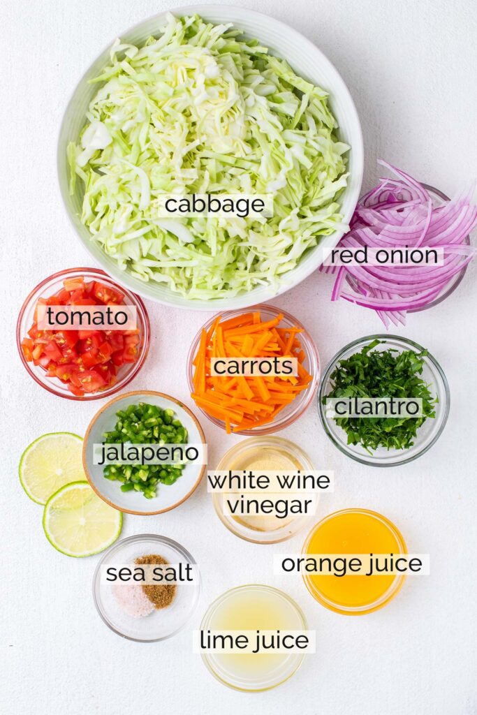 Prepared ingredients shown with labels for cabbage salsa.