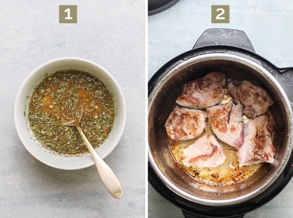 Step 1 shows mixing together the marinade, and step 2 shows browning the pork in an instant pot.