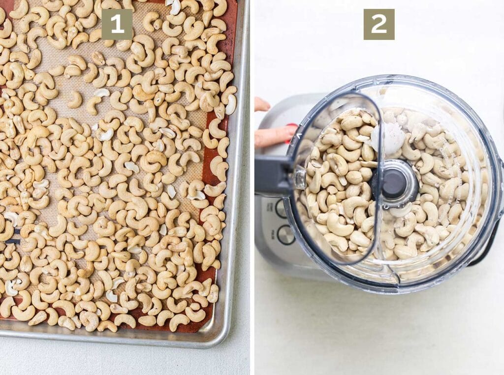 Step 1 shows lightly roasted cashews, and step 2 shows adding the cashews, salt, and coconut oil to a food processor.