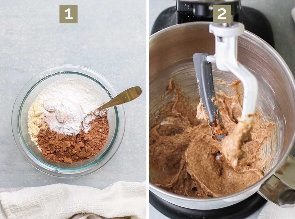 Step 1 shows combining the dry ingredients, and step 2 shows beating the butter and sugars together.