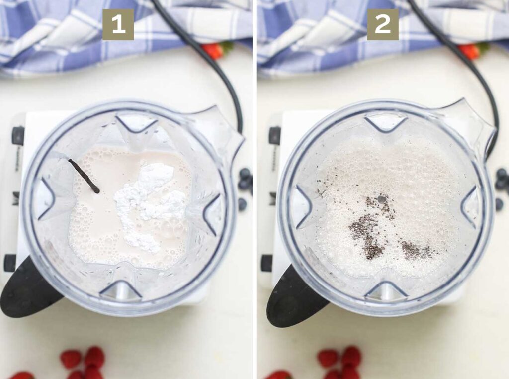 Step 1 shows mixing the milk with sweetener, and step 2 shows adding the chia seeds to mix into the milk.