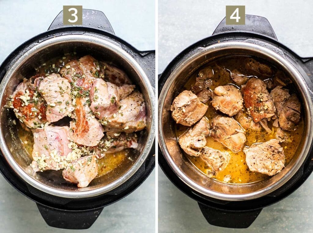 Step 2 shows adding the marinade to the instant pot, and step 4 shows pressure cooking the pork for 40 minutes.
