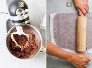 Adding the dry ingredients into the butter mixture Rolling the dough out between parchment paper.