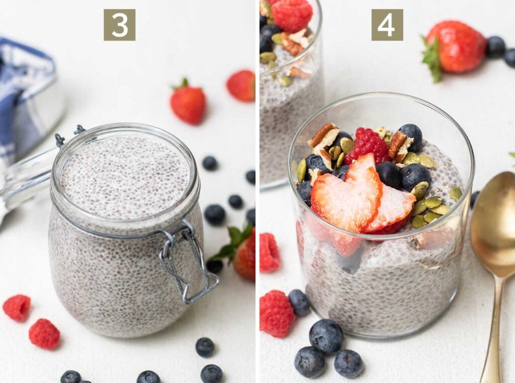 Step 3 shows letting the chia seeds absorb milk overnight, and step 4 shows serving it with fruit and nuts.