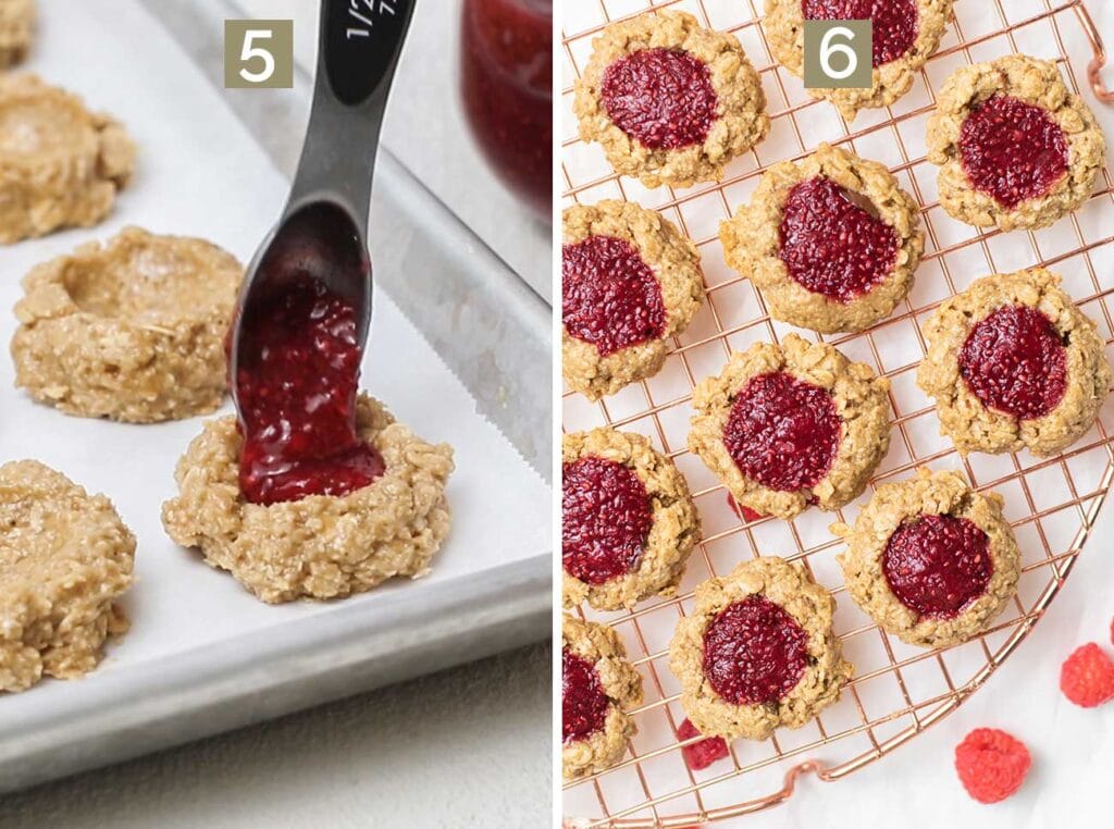 Step 5 shows adding jam to thumbprints and step 6 shows the baked cookies cooling.
