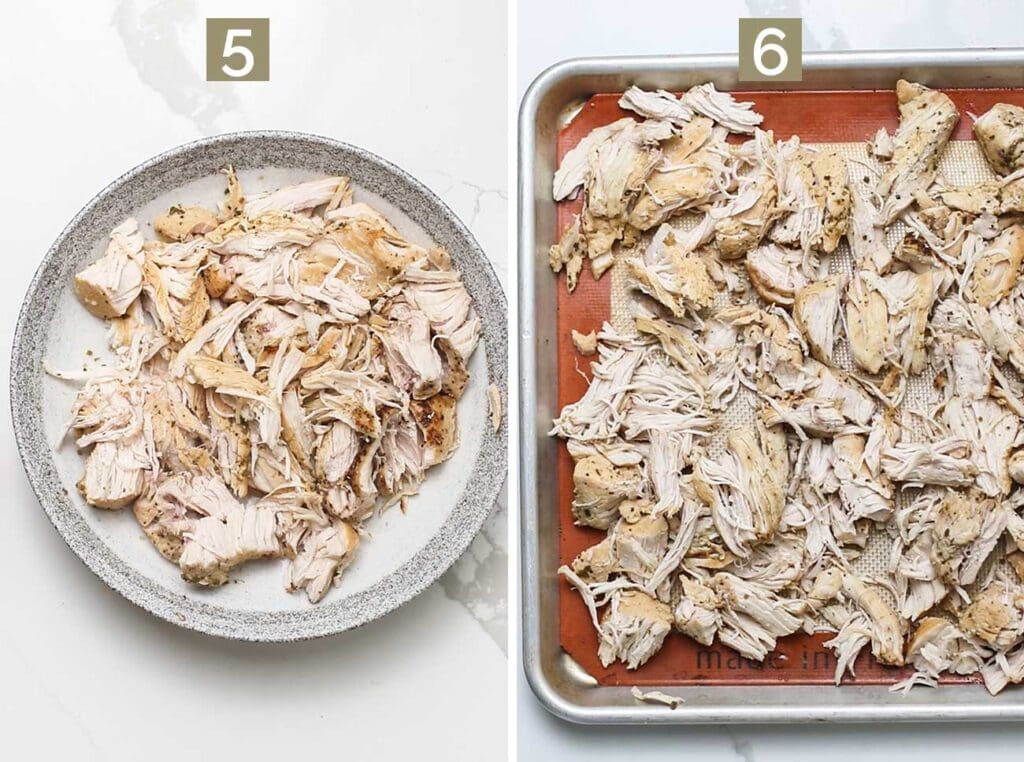 Step 5 shows shredding the chicken, and step 6 shows putting the shredded chicken on a baking pan to broil.