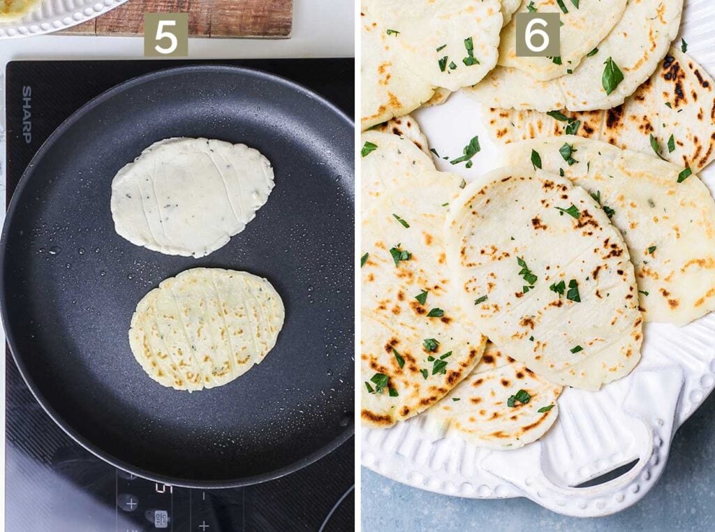 Step 5 shows browning the flatbreads in a skillet, and step 6 shows serving the flatbread.