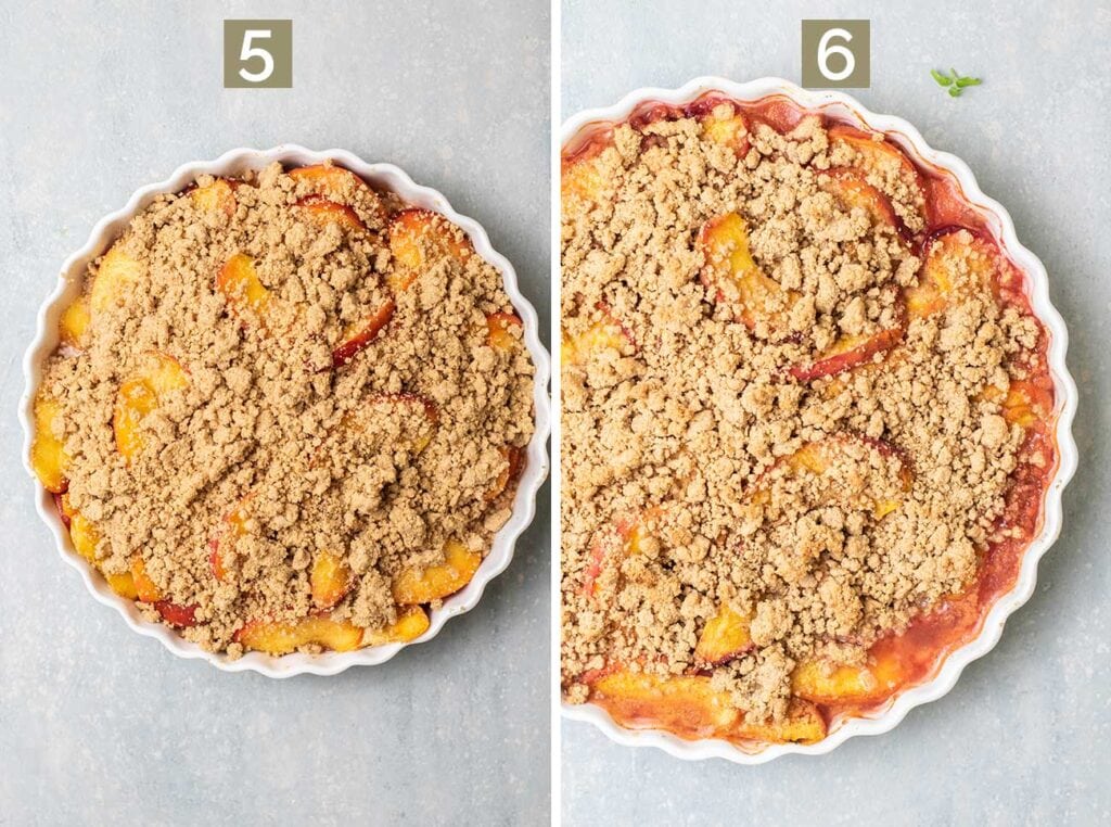 Step 5 shows topping the peaches with the crumble, and step 6 shows baking the crumble.