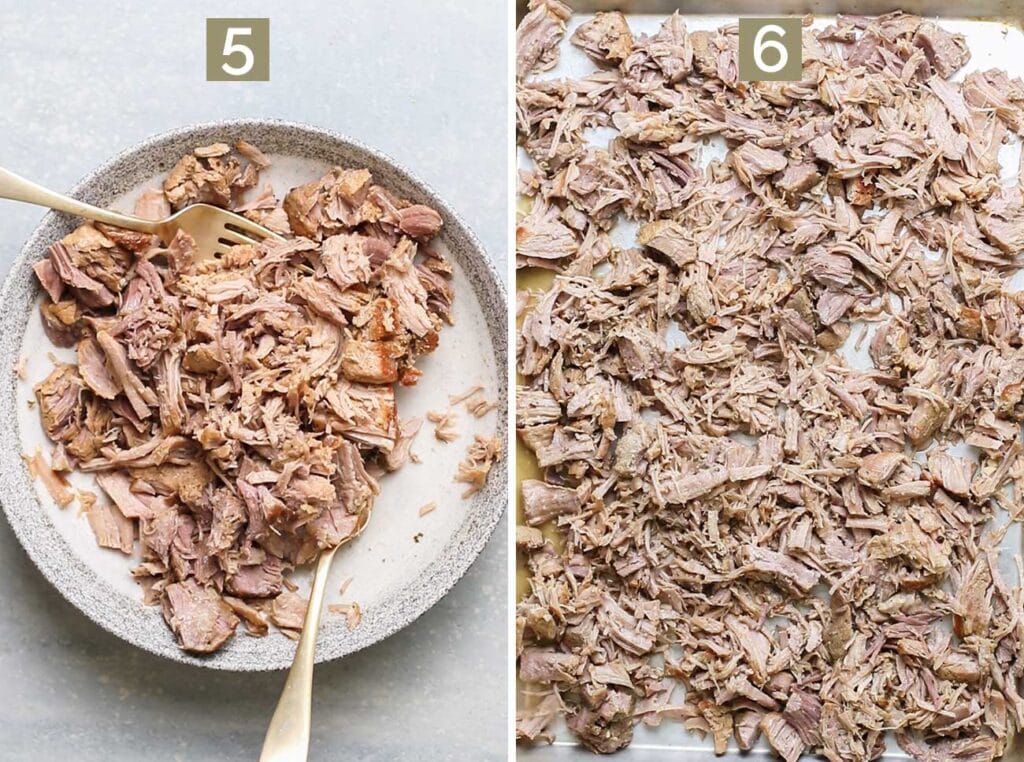 Step 5 shows to shred the pork with forks, and step 6 shows adding the pork to a sheet pan with juice.