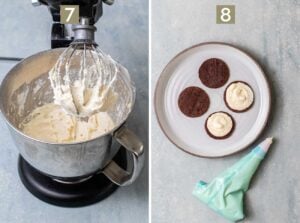 whipping together a vanilla buttercream Piping the frosting into the cookies.