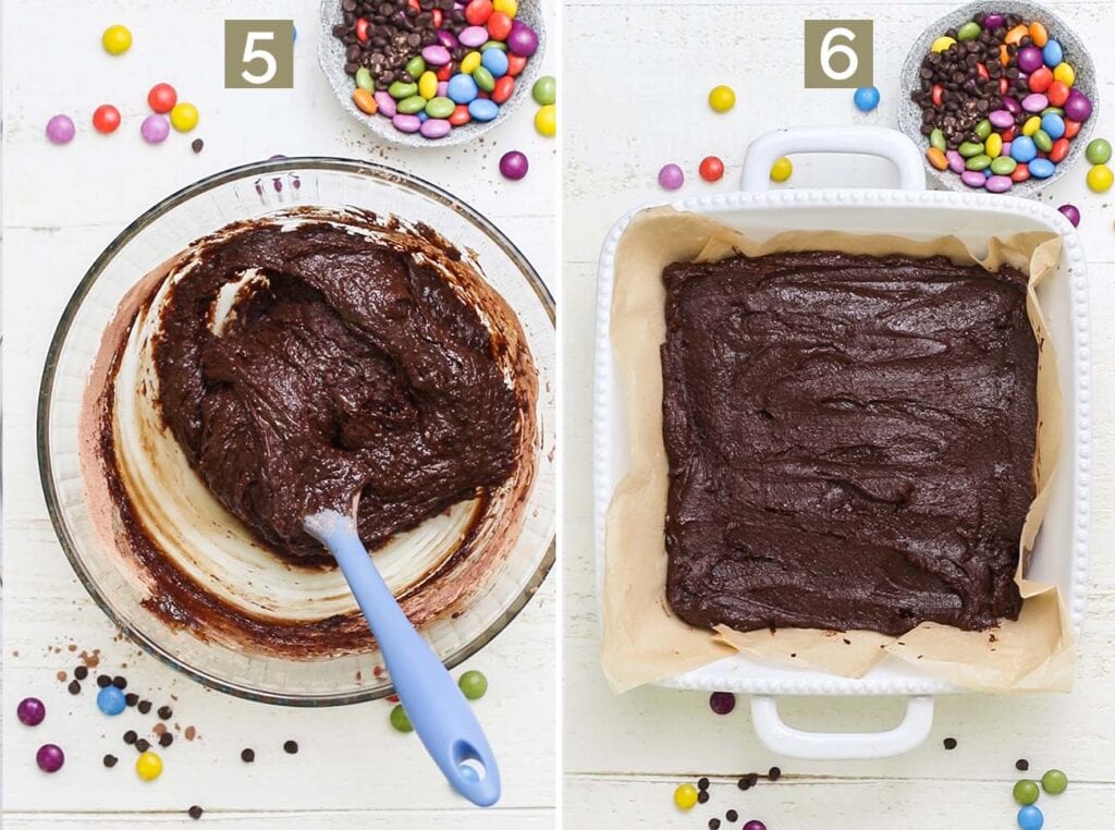Step 5 shows mixing together the brownie batter, and step 6 shows adding the brownie batter to a lined baking pan.