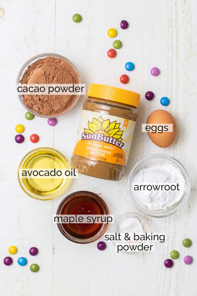 The ingredients to make a fudgy sunbutter brownie.