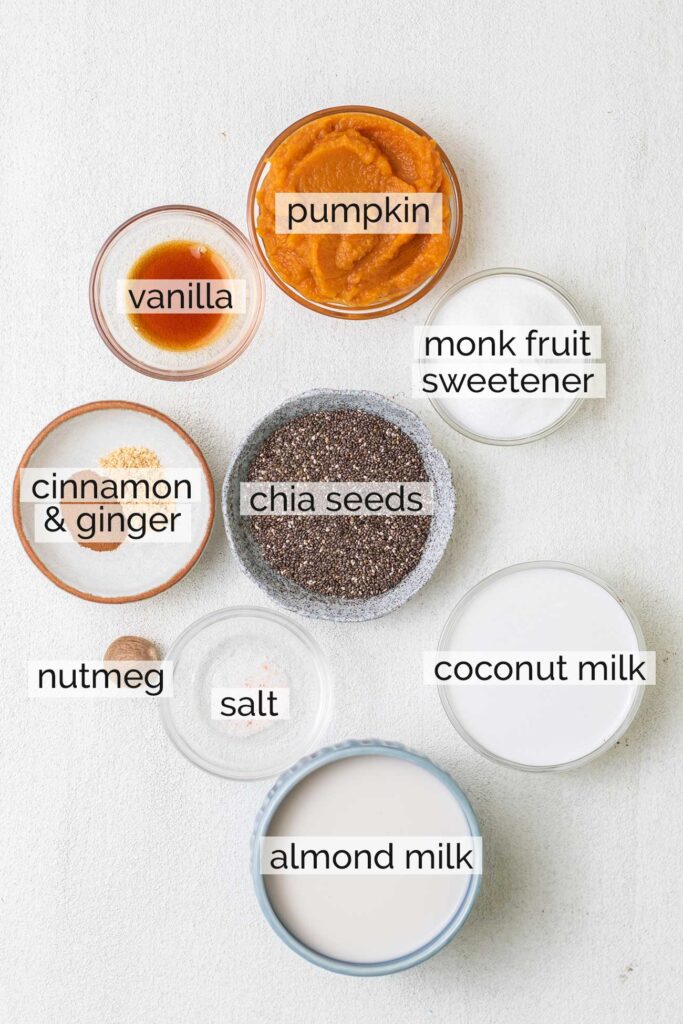 The ingredients needed to make pumpkin chia pudding.