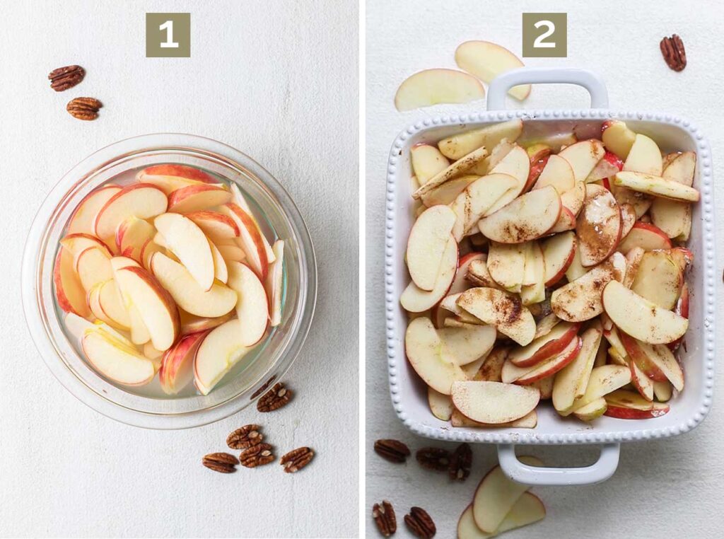Step 1 shows thinly slicing the apples, and step 2 shows coating them with maple syrup, arrowroot, cinnamon and salt.
