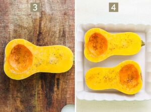 Step 3 shows coating the squash with olive oil, salt and pepper, and step 4 shows adding the squash to a baking dish.