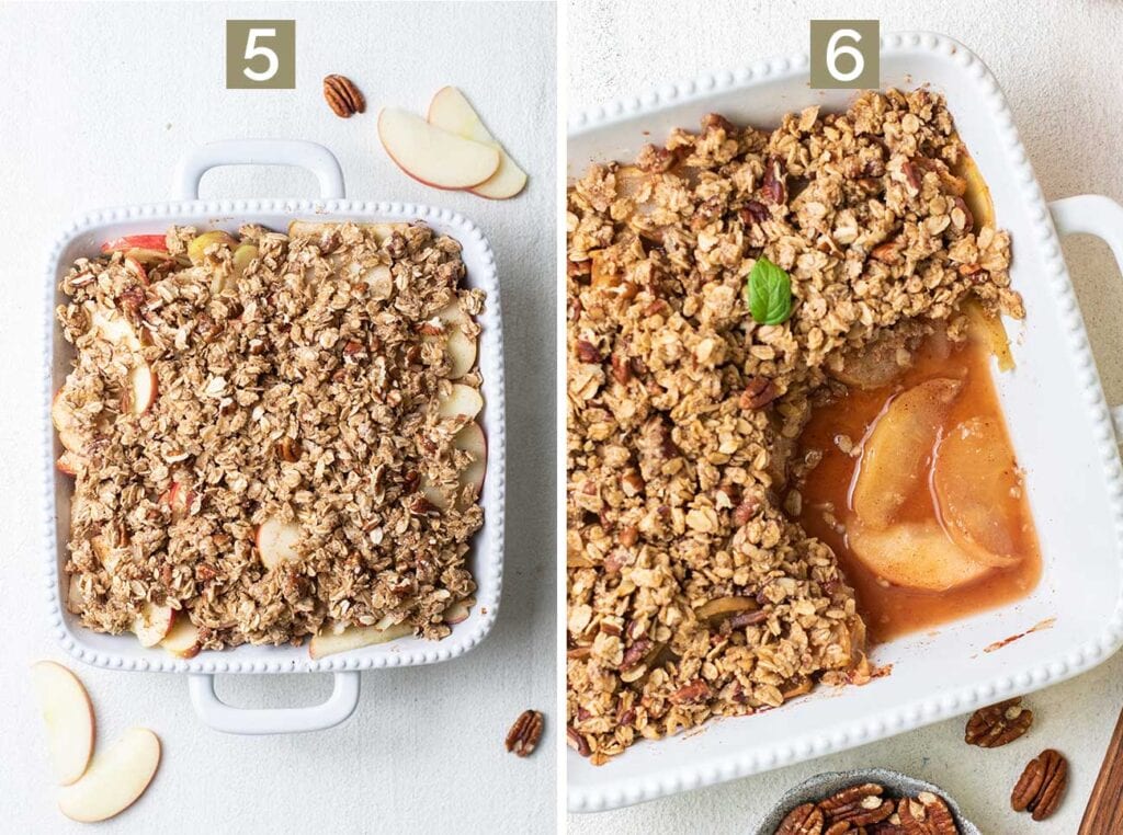 Step 5 shows adding the crumble topping to the apples, and step 6 shows baking the crisp until the fruit is soft and bubbling.