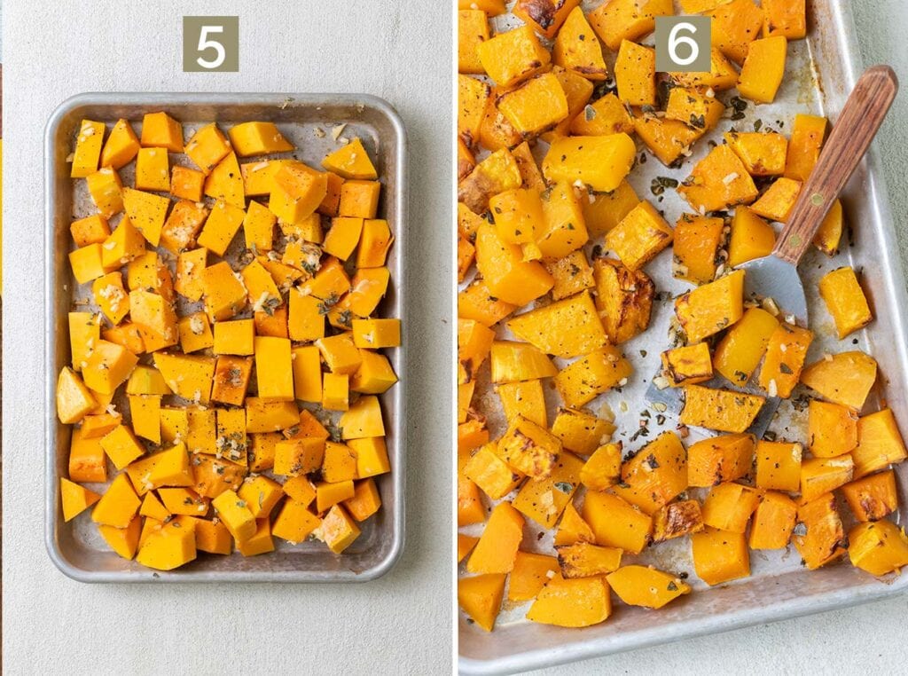 Step 5 shows placing the squash cubes on a baking tray and adding seasonings, and step 6 shows baked butternut squash chunks.