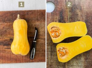 Step 1 shows peeling the squash with a vegetable peeler. Step 2 shows cutting the ends off and slicing the squash in half.