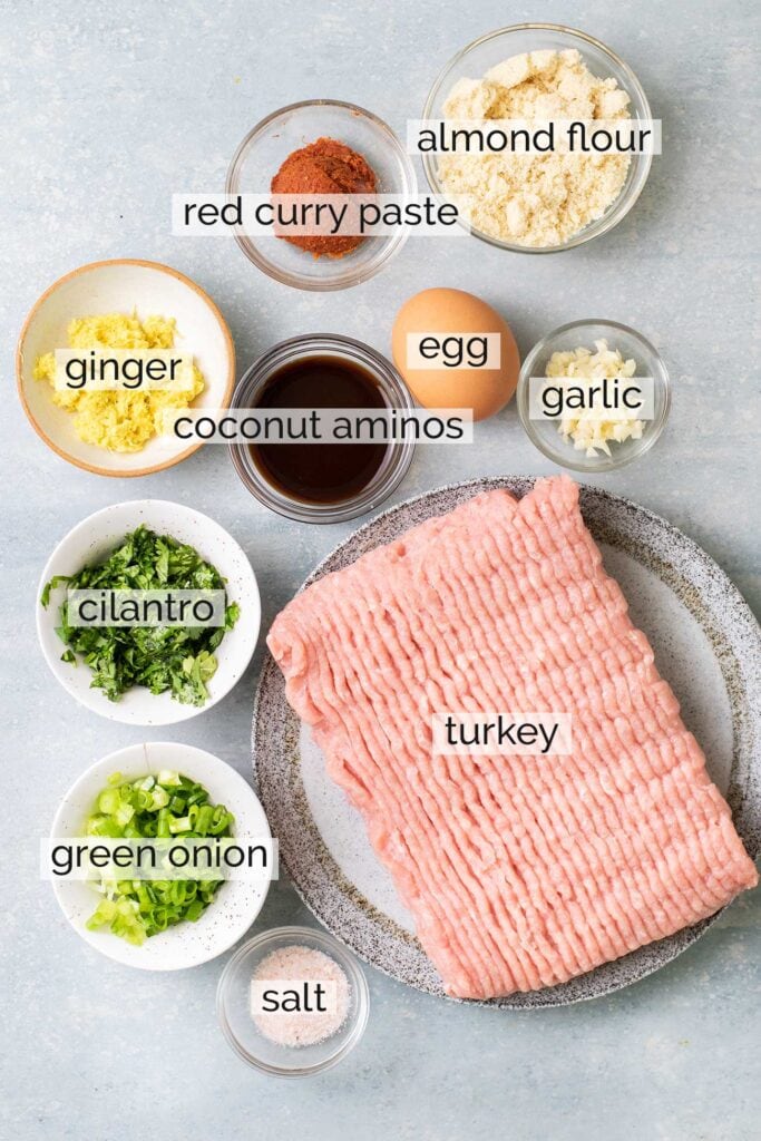 The ingredients needed to make Thai turkey meatballs.