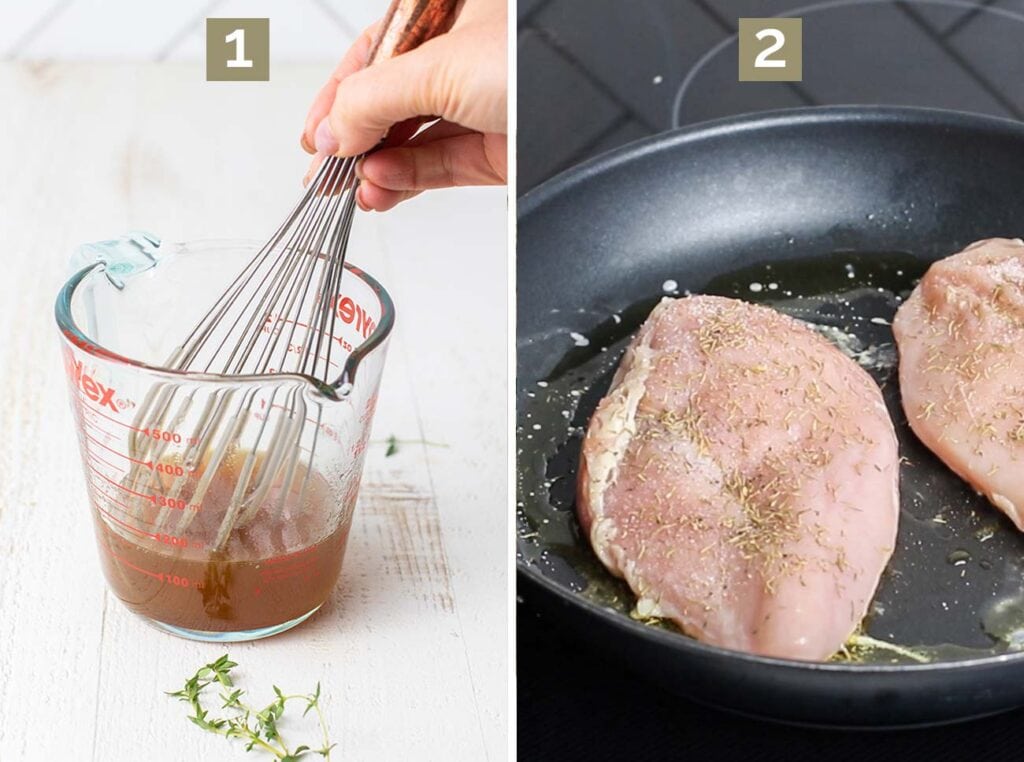 Step 1 shows whisking together the honey glaze, and step 2 shows seasoning the chicken with salt, pepper, and thyme.