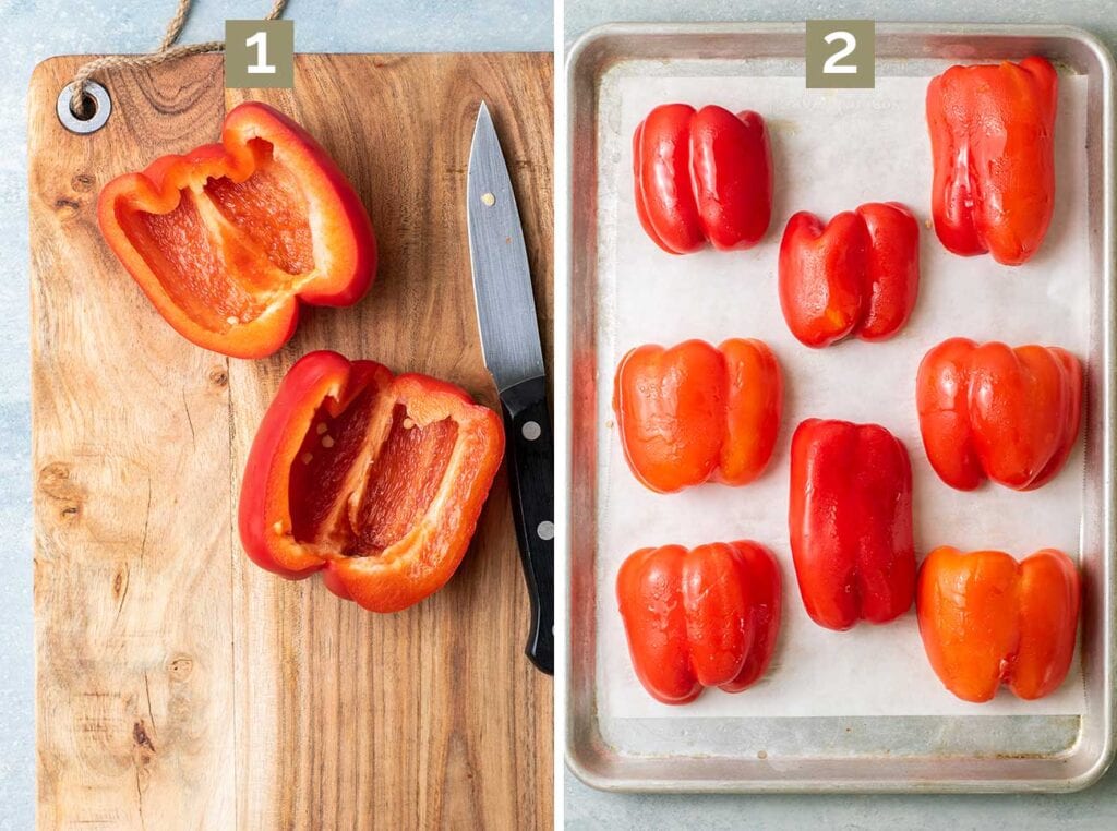 Step 1 is to cut the peppers in half and clean out the seeds. Step 2 shows laying peppers out on a baking sheet.