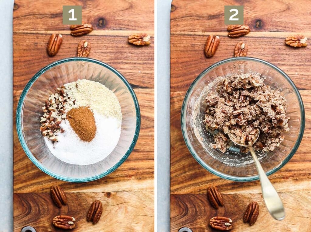 Two images that show to mix together the dry ingredients for the topping, then bring it together with melted coconut oil.