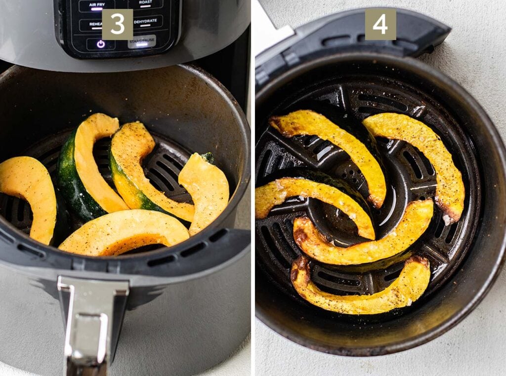 Step 3 shows preheating an air fryer at 325º F and step 4 shows air frying the acorn squash for 12 minutes.