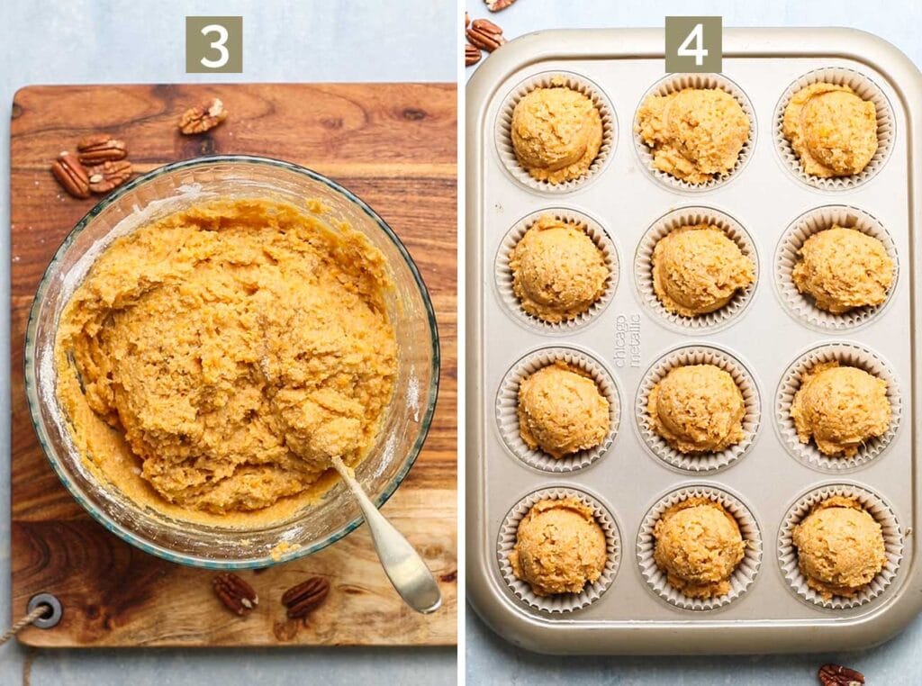 Add the dry ingredients into the wet ingredients, and then add the batter in heaping scoops to the muffin tin.