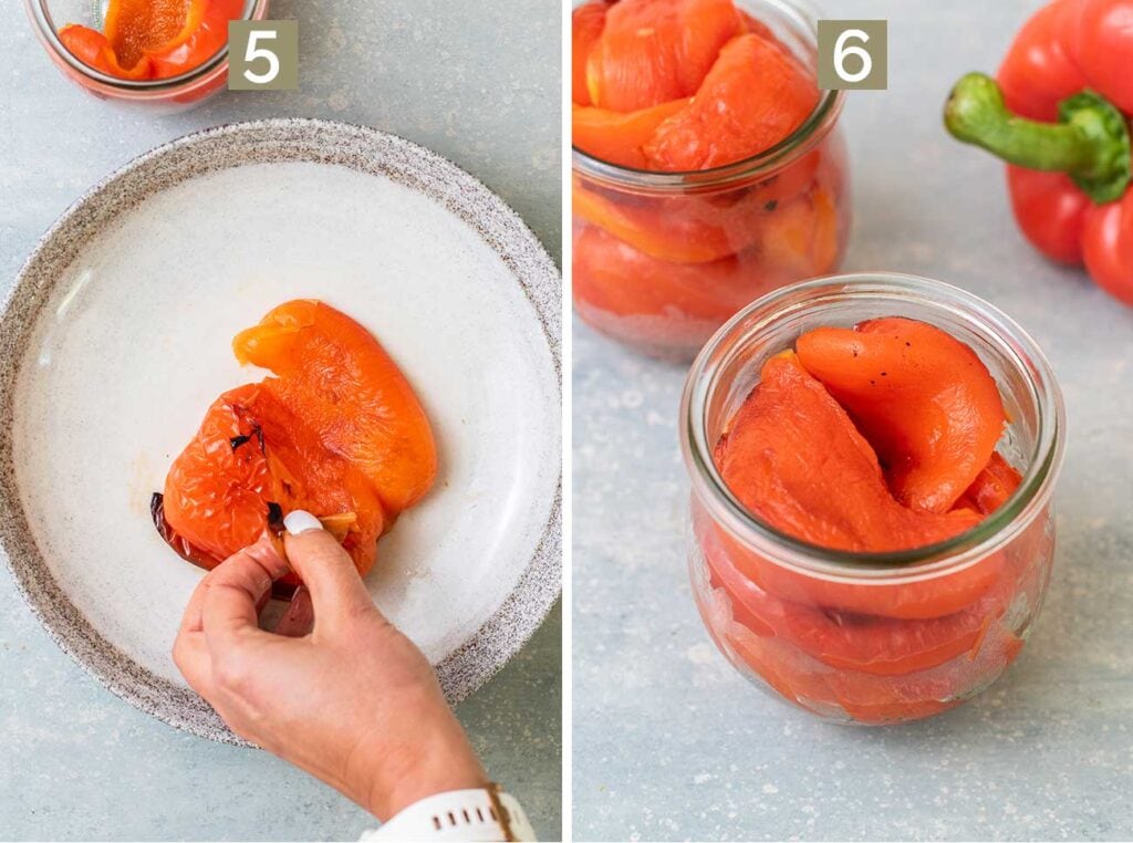 Step 5 shows peeling the charred skin off the peppers, and step 6 shows storing them in a jar.