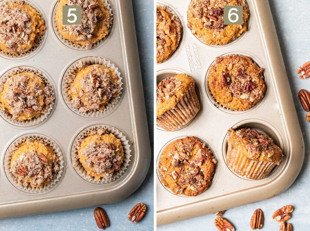 Add the streusel topping to the muffins, then bake for 28 minutes.