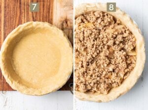 Pressing the crust into a pie plate Adding your pie filling.