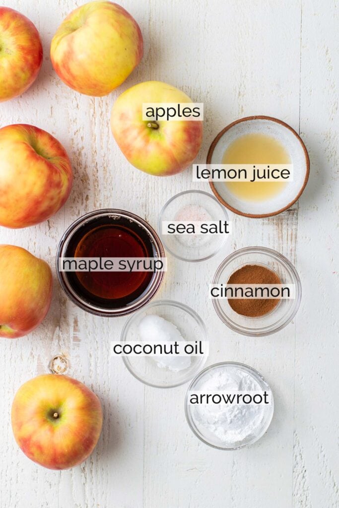 The ingredients in a healthy apple pie filling.