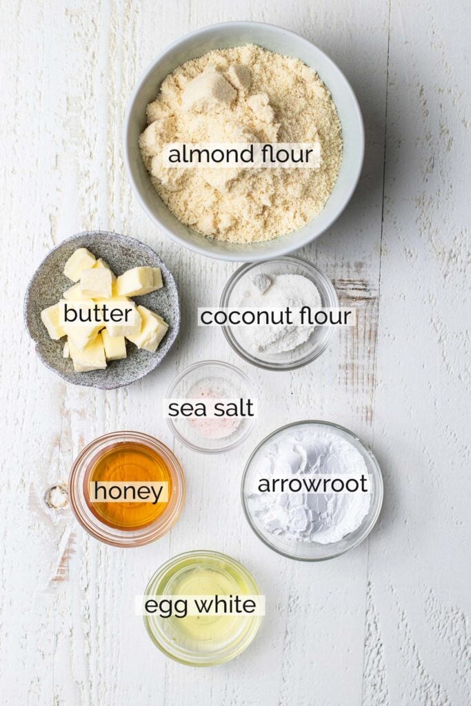 The ingredients needed to make a gluten free almond flour pie crust.