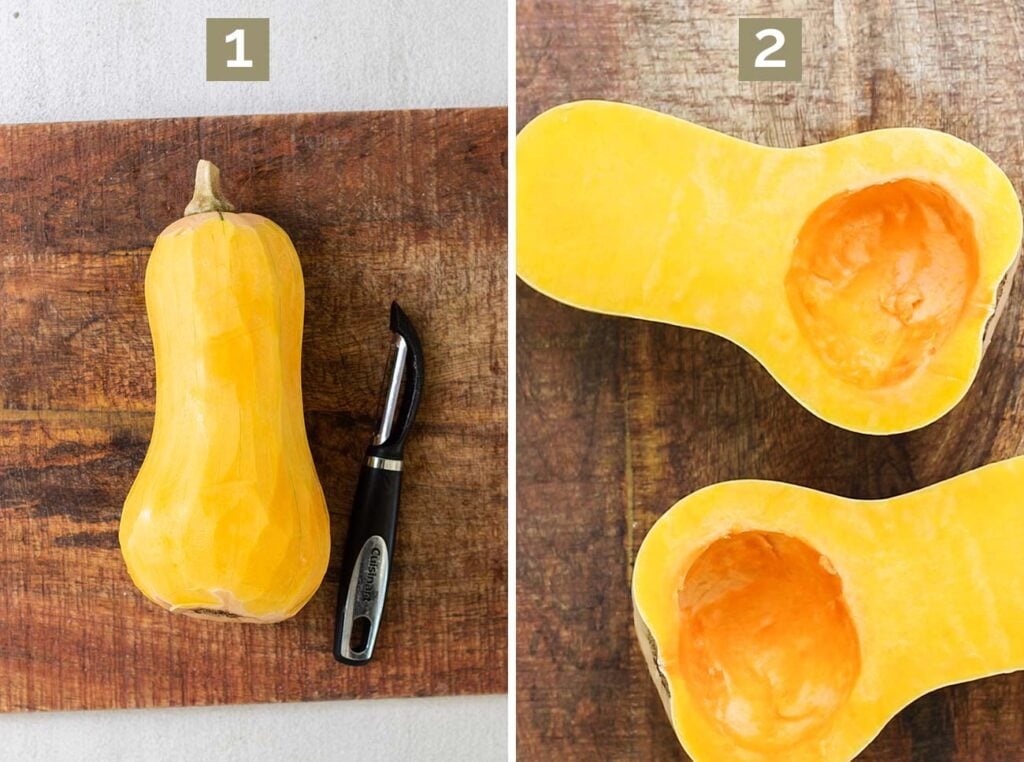 Photos showing how to peel a butternut squash with a vegetable peeler, and cut it in half with a large knife lengthwise.