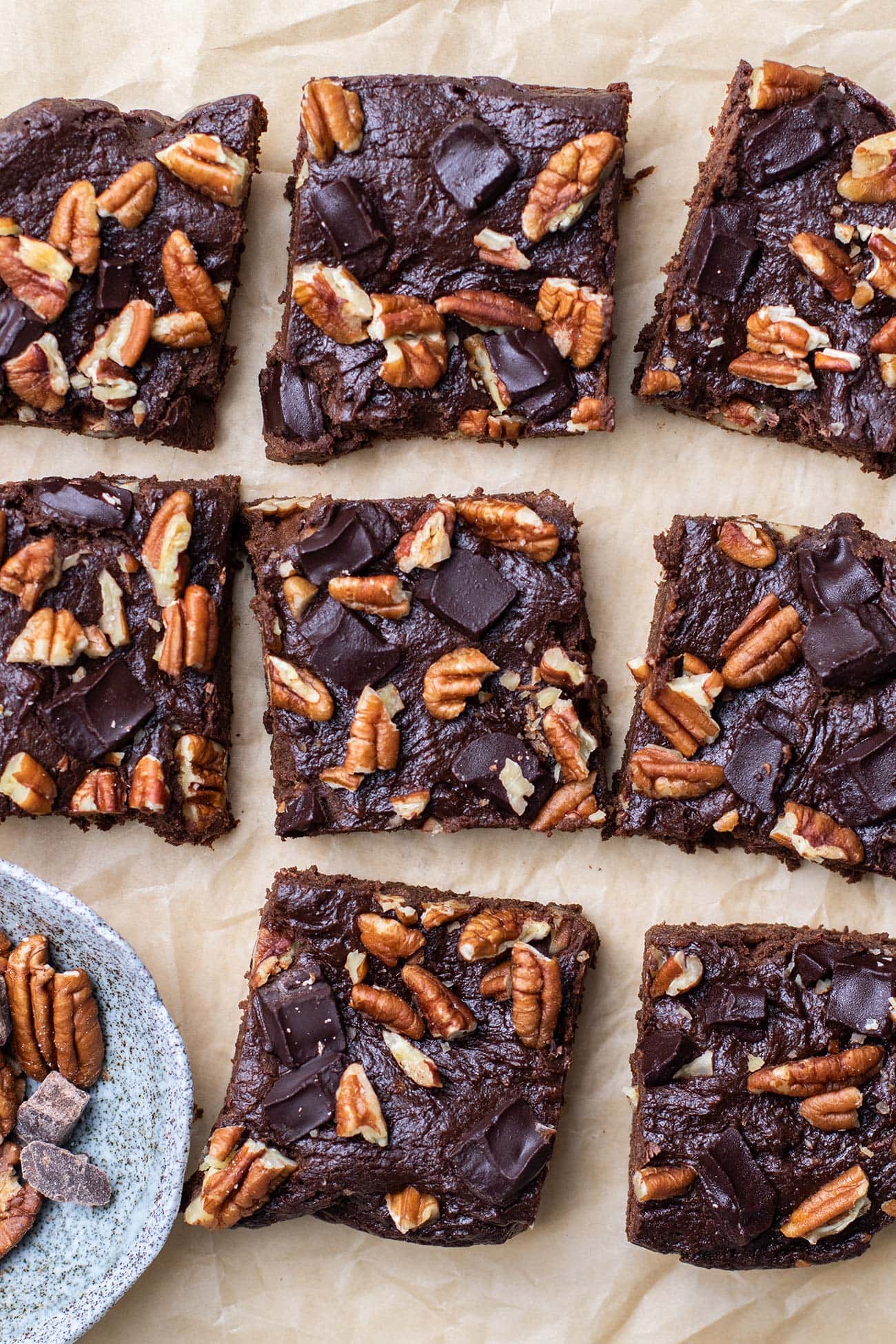 A batch of sweet potato brownies cut in large squares.