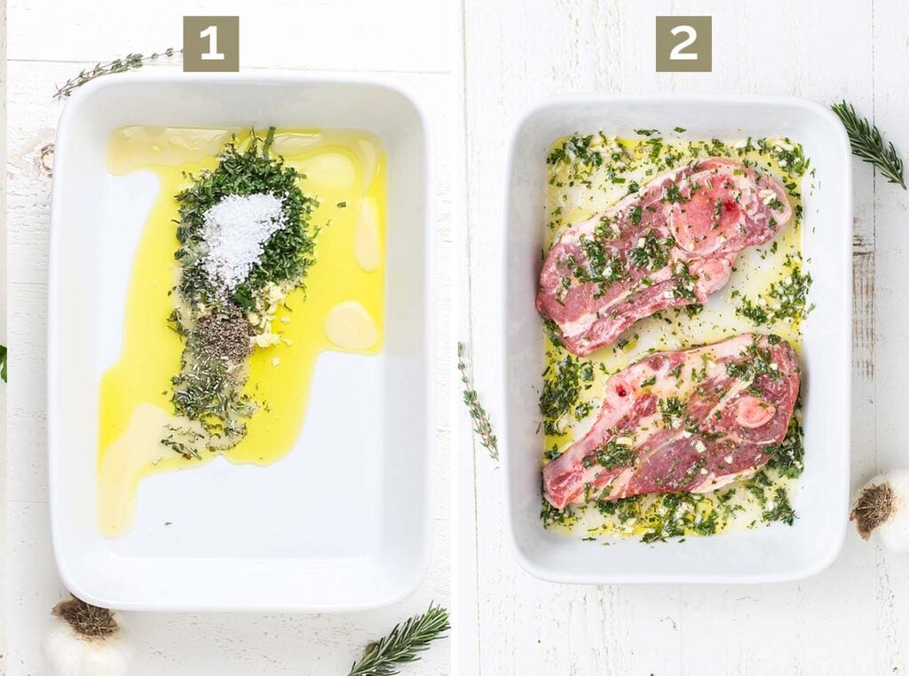 Step 1 shows combining the marinade ingredients in a dish, and step 2 shows marinating the lamb chops overnight.