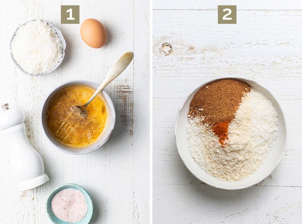 Step 1 shows whisking egg with salt and pepper, and step 2 shows mixing together the coconut and breadcrumb mixture.