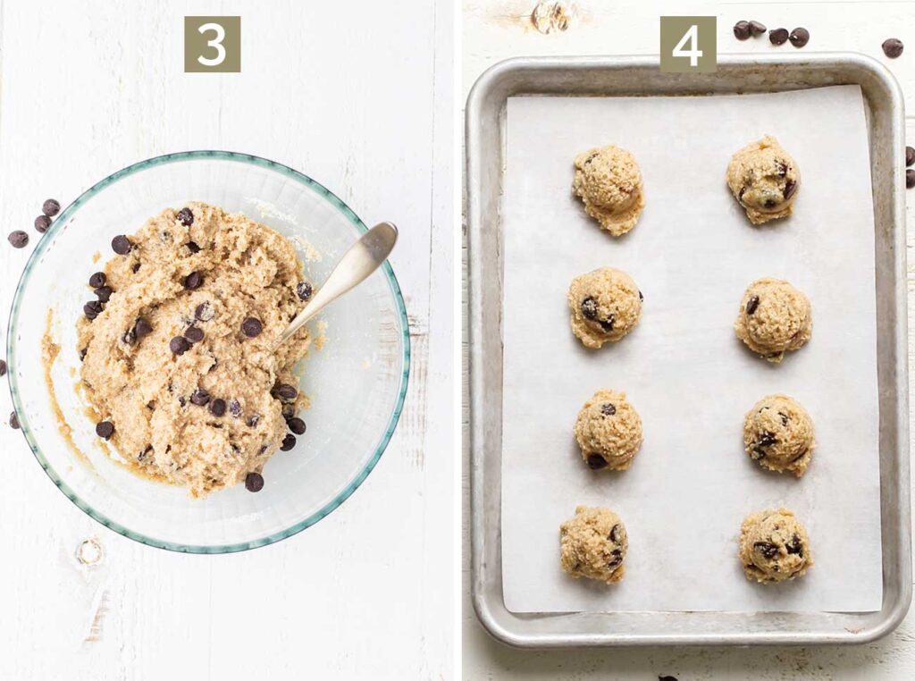 Step 3 shows the cookie dough, and step 4 shows how to scoop the dough in mounds onto a baking sheet.