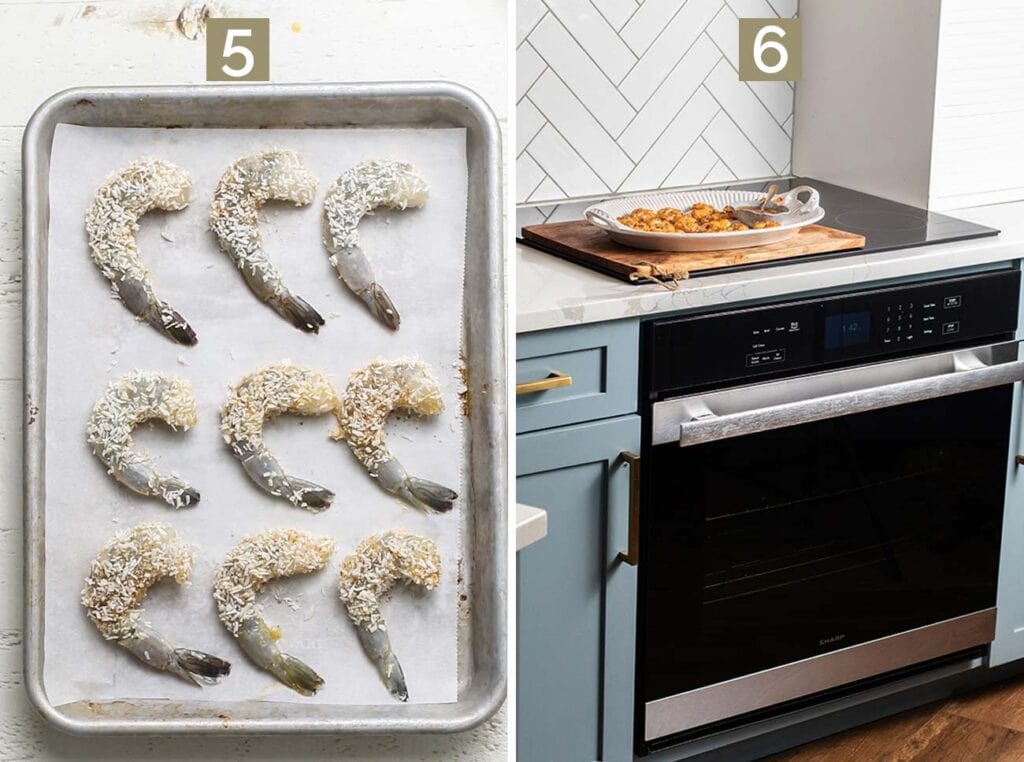 Step 5 shows adding shrimp to a baking tray, and step 6 shows baking the shrimp until golden and crispy.
