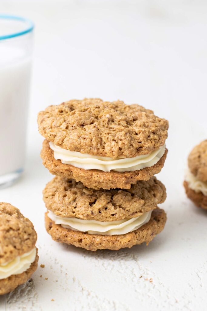 Two oatmeal cream pies stacked on top of each other.