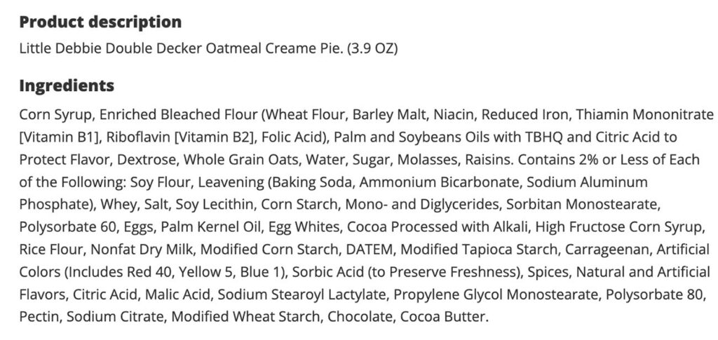 An ingredient list for little debbie oatmeal creme pies.