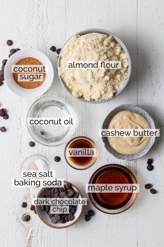 The ingredients needed to make paleo chocolate chip cookies.
