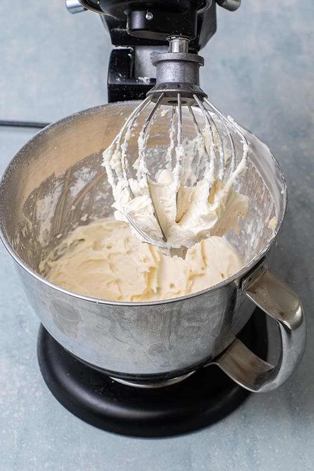 A vanilla buttercream frosting made in a stand mixer.