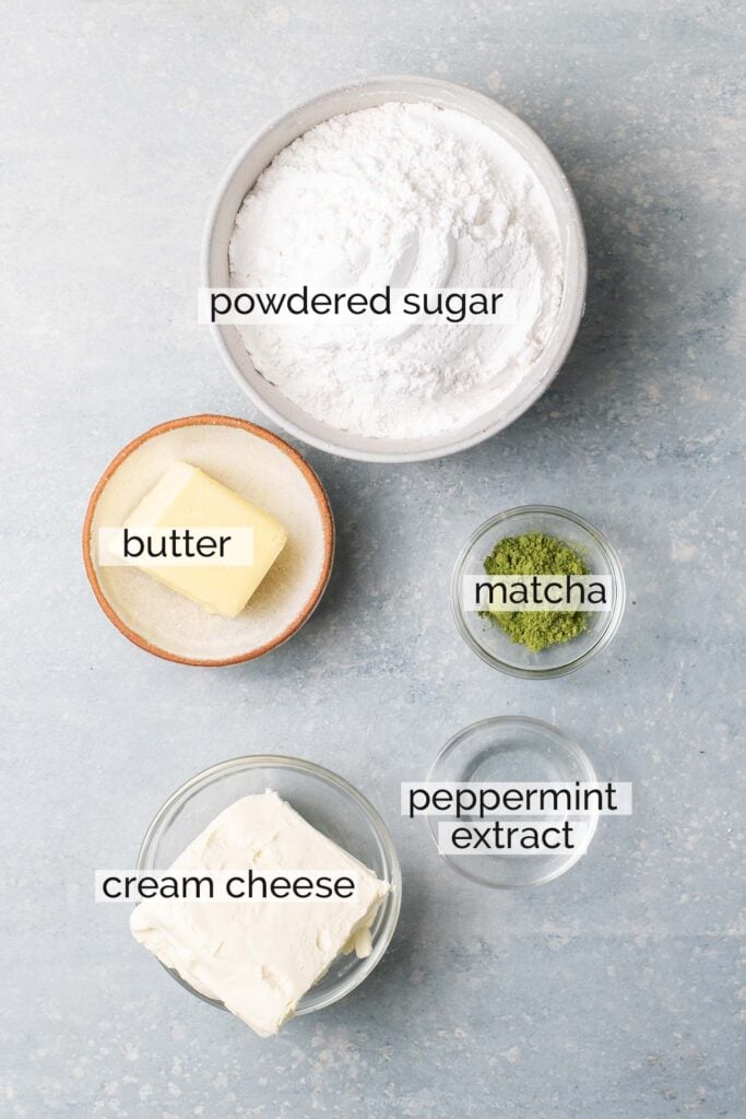 The ingredients needed to make a matcha-mint buttercream macaron filling.